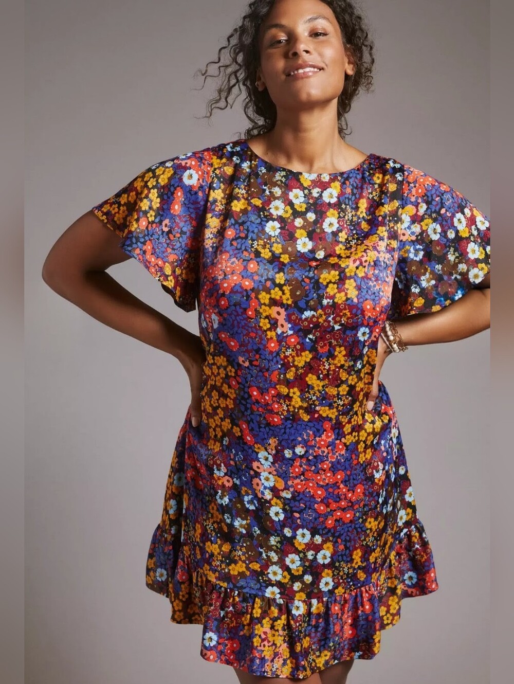 Anthropologie Ruffled Satin Floral Mini Dress 18W Flutter Sleeve
